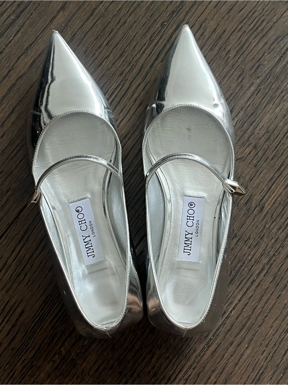 Jimmy Choo Silver Pointed Mary Jane Flats